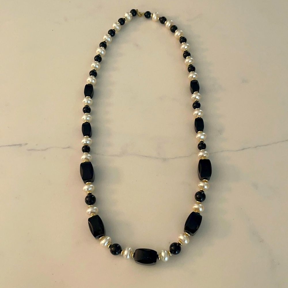 Vintage Faux Pearl & Black Beaded Necklace